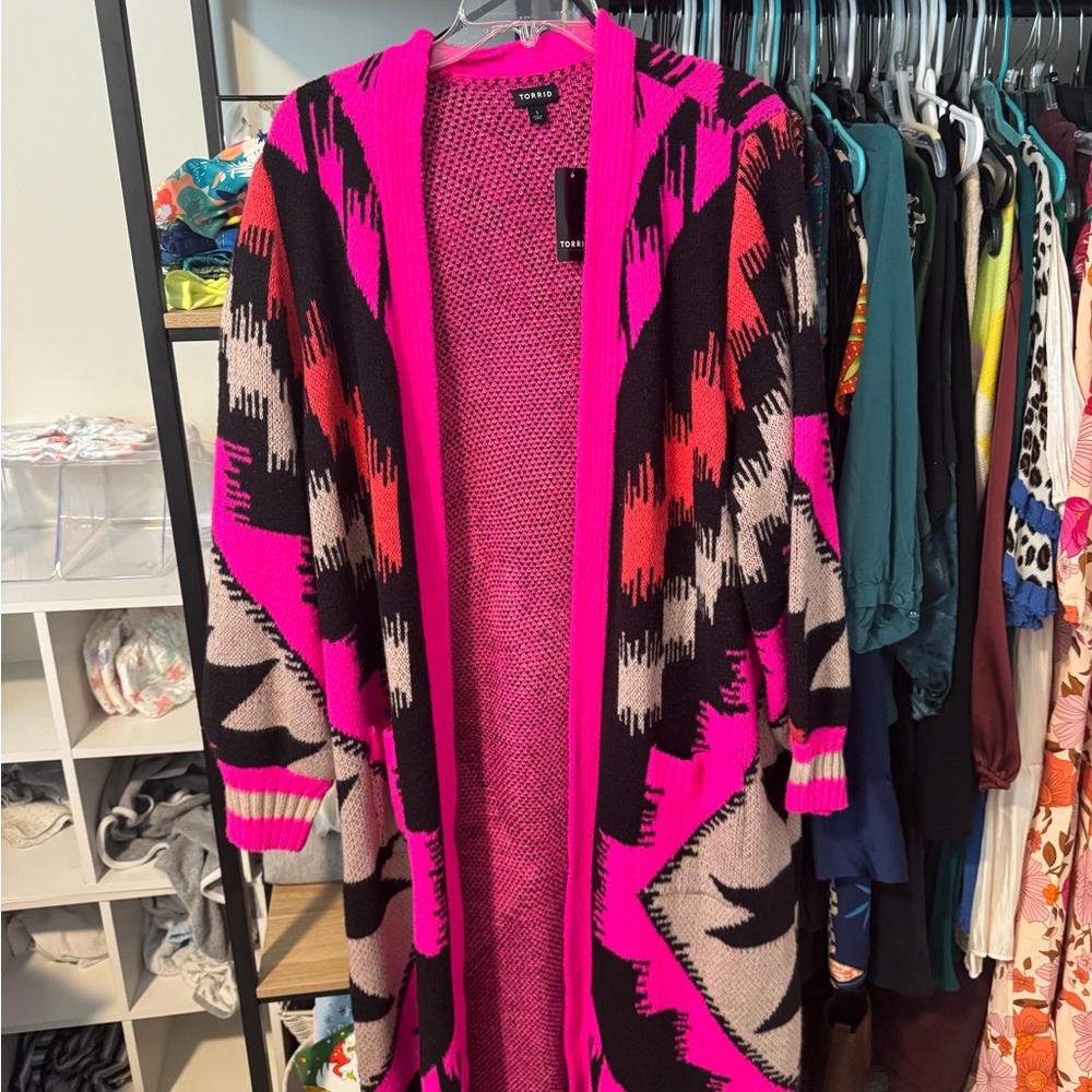 Torrid Pink and Black Geometric Knit Cardigan